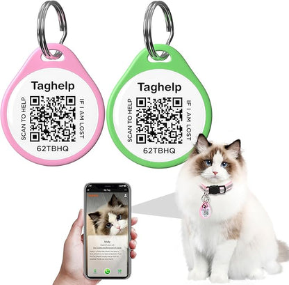 Anti-Lost QR Code Smart Pet ID Tags for Cats &Small Dogs, Personalized Pet Tag Stores Multiple Information, Silent Name tag for cat Collar, Real-Time Notification (Green&Pink, for cat - 1")