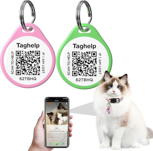Anti-Lost QR Code Smart Pet ID Tags for Cats &Small Dogs, Personalized Pet Tag Stores Multiple Information, Silent Name tag for cat Collar, Real-Time Notification (Green&Pink, for cat - 1")