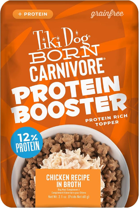 Tiki Dog Born Carnivore Protein Booster Dog Food Topper, Chicken Recipe in Broth, 2.1 oz. Pouch (12 Count)
