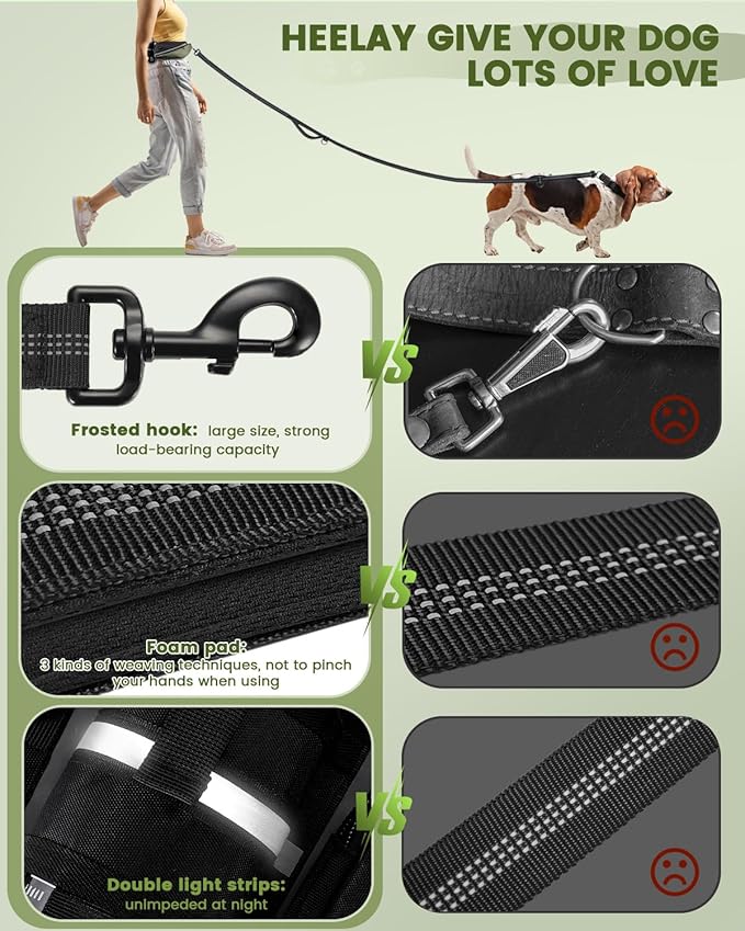 Hands Free Dog Leash for Medium and Large Dogs with Waist Belt Pouch,Dog Running Leash for Training Hiking Jogging Running Walking with Double Handle Bungee | Reflective Stitches Army Green