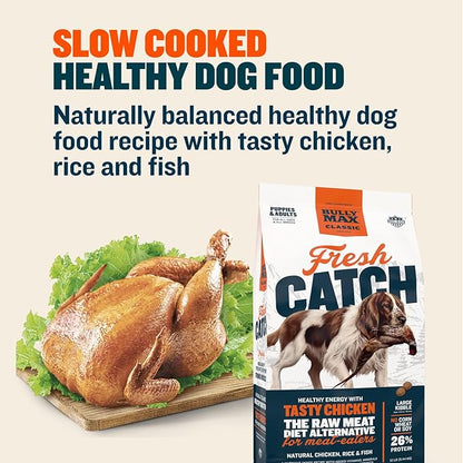 Bully Max Classic Fresh Catch Dry Dog Food - Slow-Cooked, Natural Chicken, Rice & Fish Recipe - Nutrient-Rich Large Kibble Wholesome Puppy & Dog Food - 6 lbs