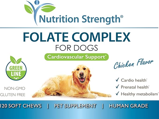 Folate for Dogs to Promote Cardiovascular & Prenatal Health, Support DNA Synthesis & Cell Maintenance, Folic Acid for Dogs with Zinc, Biotin, Iron & Vitamin B12, 120 Soft Chews