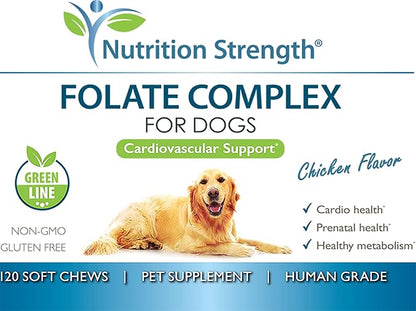 Folate for Dogs to Promote Cardiovascular & Prenatal Health, Support DNA Synthesis & Cell Maintenance, Folic Acid for Dogs with Zinc, Biotin, Iron & Vitamin B12, 120 Soft Chews