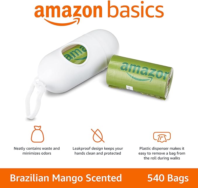Amazon Basics Dog Poop Bags With Dispenser and Leash Clip, Brazilian Mango Scented, 540 Count, 36 Pack of 15, 13 Inch x 9 Inch