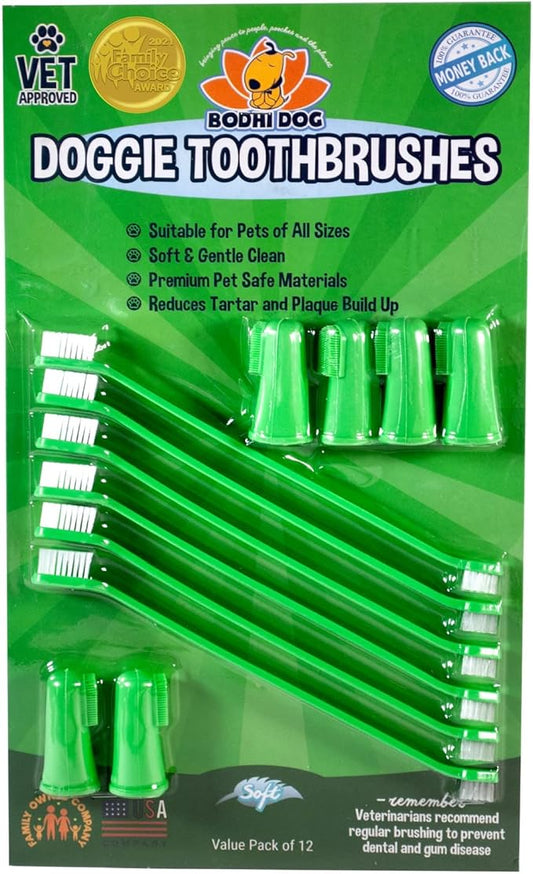Bodhi Dog Pet Toothbrush Combo Pack | Soft Finger and Dual-Ended Long Toothbrushes | Dog Toothbrush with Soft Bristles for Pet Dental Care | Easy Teeth Cleaning and Gum Health (6 Long & 6 Finger)