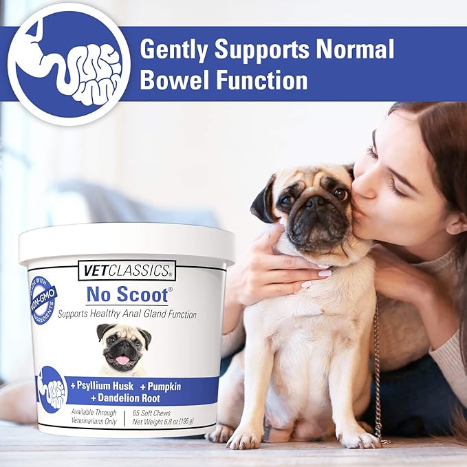 Vet Classics No Scoot Dog Supplements for Healthy Anal Gland Function – Support Normal Bowel Functions, Anal Glands – Increases Daily Fiber Intake for Dogs – 65 Soft Chews