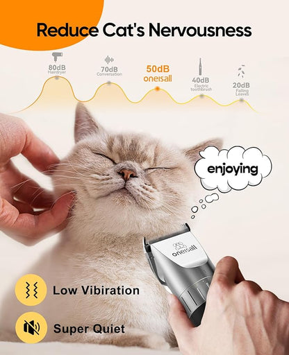 oneisall Cat Hair Trimmer,Quiet Cat Clippers for Matted Hair,Cordless Cat Grooming Kit with Comb,3 Speed Cat Shavers for Matted Long Hair
