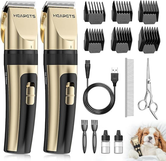 Dog Clippers for Grooming, 2 Pack Pet Hair Trimmers with 2 Speed Grooming Mode, Rechargeable, Cordless, Electric Quiet, Suitable for Dogs Cats (Gold)