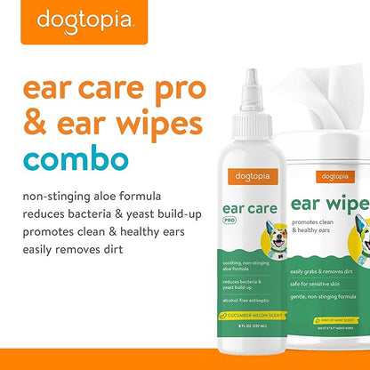 Ear Wipes and Ear Care Pro Solution for Pets | Gentle Ear Wipes (160 count) and Ear Care Solution (8oz) for Dogs and Cats | Non-Stinging Ear Duo