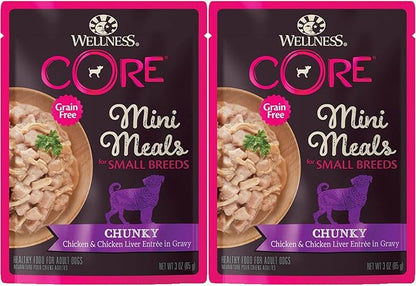 Wellness CORE Mini Meals Grain Free Small Breed Dog Wet Food 3oz Pate Chicken Entree, Chunky Chicken and Liver, Shredded Chicken Turkey Dinner in Gravy 3 Flavors 6 Pack Plus Newspaper Plush Dog Toy