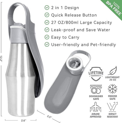 Dog Water Bottle, Portable Dog Water Bottle Dispenser - 27 OZ Stainless Steel Leak-Proof Water Bottle for Dogs On The Go, Perfect for Travel, Walking, Hiking and Outdoor Activities (2-Pack Gray)