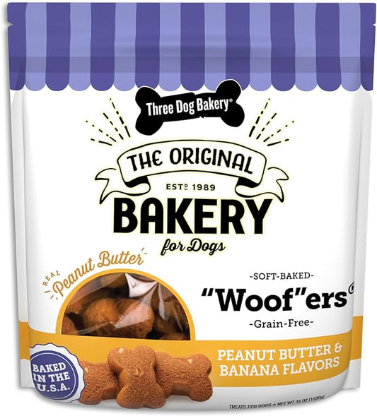 Three Dog Bakery Grain Free Soft Baked Woofers, Peanut Butter & Banana Flavor, Premium Treats for Dogs, 36 Ounce Bulk Resealable Pack (114038)