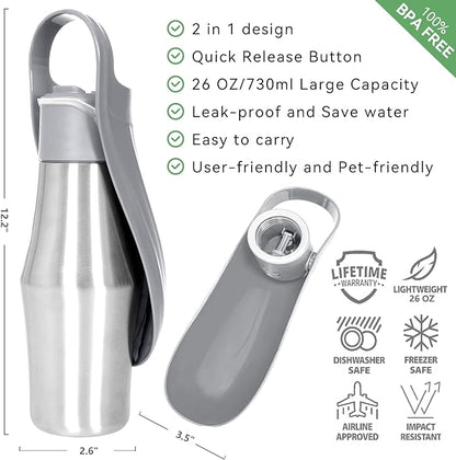 Dog Water Bottle, Portable Dog Water Bottle Dispenser - 27 OZ Stainless Steel Leak-Proof Water Bottle for Dogs On The Go, Perfect for Travel, Walking, Hiking and Outdoor Activities, Gray