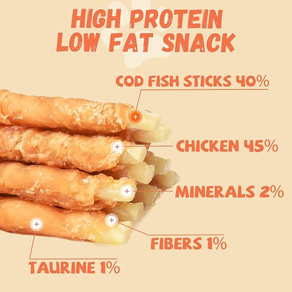 Chicken Wrapped Cod Sticks for Dogs, Grain-Free Rawhide-Free Natural Dog Treats Training Rewards Snacks Dog Soft Chews Treats 10.58OZ