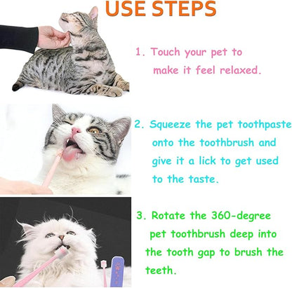 3pcs Small Dog & Cat Toothbrush, 360 cat Toothbrush with Micro Head Brush, 360-Degree Pet Toothbrush, Soft Silicone, No Harm