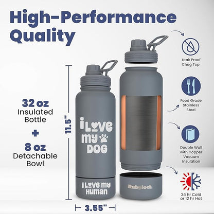 Dog Water Bottle for Dog Lovers - 32 oz Stainless Steel Double Wall Insulated Water Bottle with 8 oz Attached Dog Bowl - Best Dog Mom Gifts for Women - “I Love My Dog” - Smokey Grey
