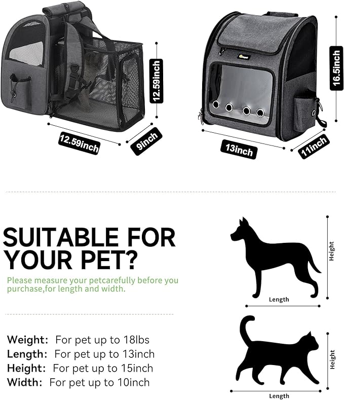 HOOPET Cat Backpack Carrier, Small and Medium Dogs and Cats Bags,Expandable Pet Carrier Backpack,Airline Approved,Suitable for Hiking/Travel/Camping, Etc, Foldable, Easy to Carry (Grey-02)