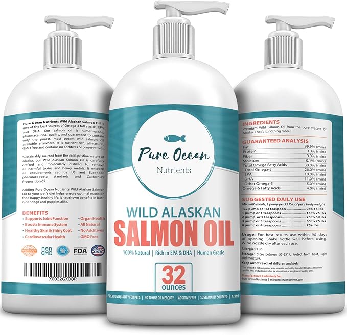 Wild Alaskan Salmon Oil for Dogs 32 Ounce; Natural Liquid Supplement with Omega 3's to Support Joint, Heart, and Immune Health Essential Fatty Acids Promote a Shiny Coat and Healthy Skin