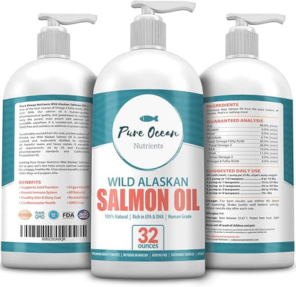 Wild Alaskan Salmon Oil for Dogs 32 Ounce; Natural Liquid Supplement with Omega 3's to Support Joint, Heart, and Immune Health Essential Fatty Acids Promote a Shiny Coat and Healthy Skin