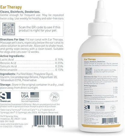 Veterinary Formula Clinical Care Ear Therapy, 4 oz. – Cat and Dog Ear Cleaner to Help Soothe Itchiness and Cleans The Ear Canal from Debris and Buildup That May Cause Infection