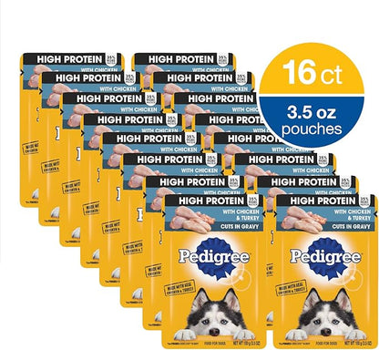 Pedigree High Protein Wet Dog Food Pouches, with Chicken and Turkey Cuts in Gravy, 3.5 oz. Pouches, 16 Count