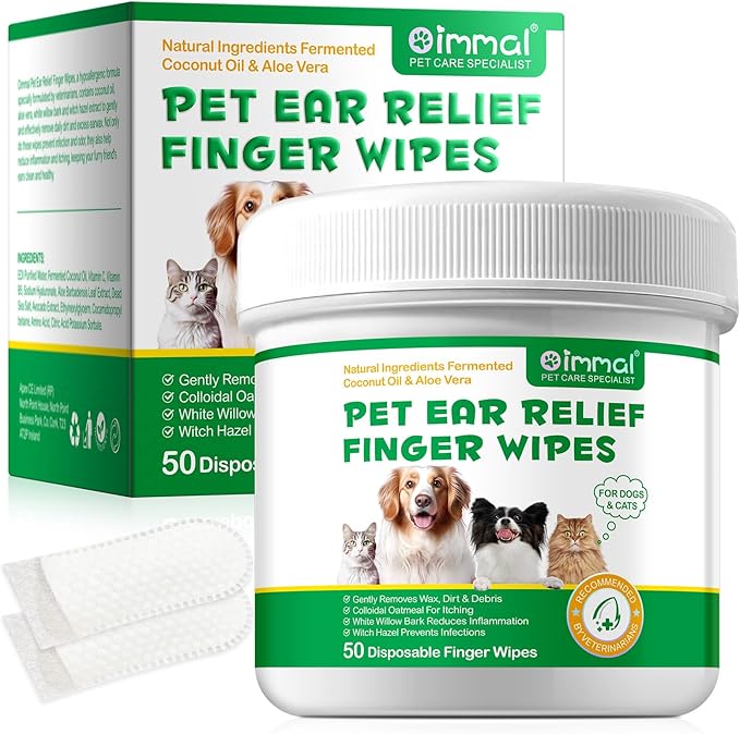 Ear Cleaning Wipes for Dogs & Cats, Gently Remove Wax & Debris, Reduce Ear Inflammation, Finger Set Cellular Network Design, Rich in Fermented Coconut Oil and Aloe Vera, All Natural, 50 Count