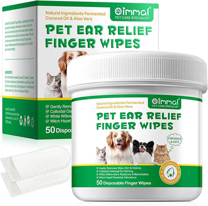 Ear Cleaning Wipes for Dogs & Cats, Gently Remove Wax & Debris, Reduce Ear Inflammation, Finger Set Cellular Network Design, Rich in Fermented Coconut Oil and Aloe Vera, All Natural, 50 Count