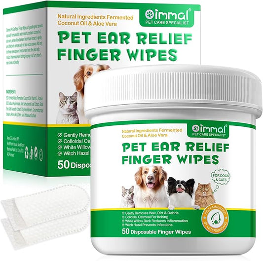 Ear Cleaning Wipes for Dogs & Cats, Gently Remove Wax & Debris, Reduce Ear Inflammation, Finger Set Cellular Network Design, Rich in Fermented Coconut Oil and Aloe Vera, All Natural, 50 Count