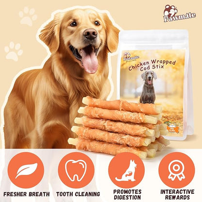 Chicken Wrapped Cod Sticks for Dogs, Grain-Free Rawhide-Free Natural Dog Treats Training Rewards Snacks Dog Soft Chews Treats 10.58OZ