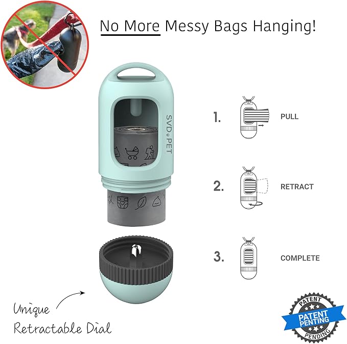 SVD.PET Dog Poop Bag Dispenser, Retractable Waste Bag Fits Any Dog Leash, Compostable Waste Bags, Poop Bag Holder, Dog Walking Accessory (Misty Jade)