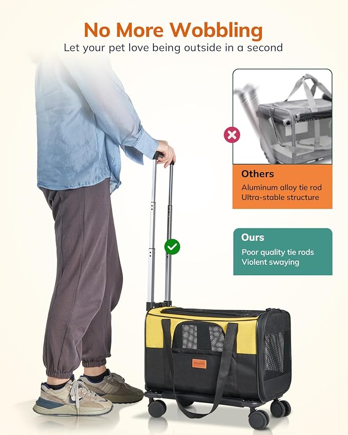 Morpilot Cat Carrier with Wheels Airline Approved, Pet Dog Carrier with Wheels for Small Dogs, Rolling Cat Carrier for Large Cats Puppy Stroller Detachable and Foldable Pet Travel Bag Black&Yellow