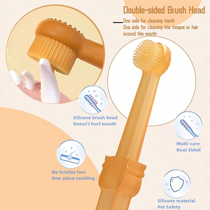 Dog Toothbrush, Pet Silicone Toothbrush Kit with Puppy Tooth Brushing & Tongue Cleaner & Storage Cup - 360° Dental Care for Cats and Small to Medium Dogs Ferret Dutch Pigs