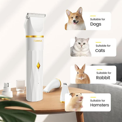 FERRISA Quiet Dog Grooming Kit, Cordless 4 in 1 Dog Clippers for Grooming Professional, Thick Coats Grooming Clippers Set for Dogs at Home, Small Dog Paw Hair Trimmer Nail Grinder Shaver for Cats Pets