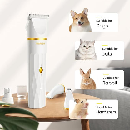 FERRISA Dog Clippers for Grooming, Small Dog Clipper Dog Grooming Kit with 4 Blade Heads, Low Noise Dog Grooming kit for Dogs Hair, Dog Clippers of Eyes, Ears, Face, Rump