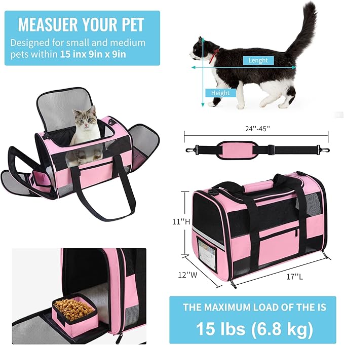 Cat Carrier Pet Carrier Airline Approved for Small Dogs Medium Cats Puppies 15 Lbs Dog Carrier with Reflective Strip, Collapsible Soft Sided Dog Travel Carriers - Pink