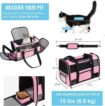 Cat Carrier Pet Carrier Airline Approved for Small Dogs Medium Cats Puppies 15 Lbs Dog Carrier with Reflective Strip, Collapsible Soft Sided Dog Travel Carriers - Pink