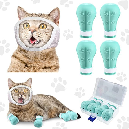 Hillban Cat Muzzle for Grooming with 4 Silicone Boots Breathable Transparent Cat Face Guard Silicone Cat Claw Covers Anti Scratch Cat Booties to Prevent Scratching Biting Bathing Trimming (Small)