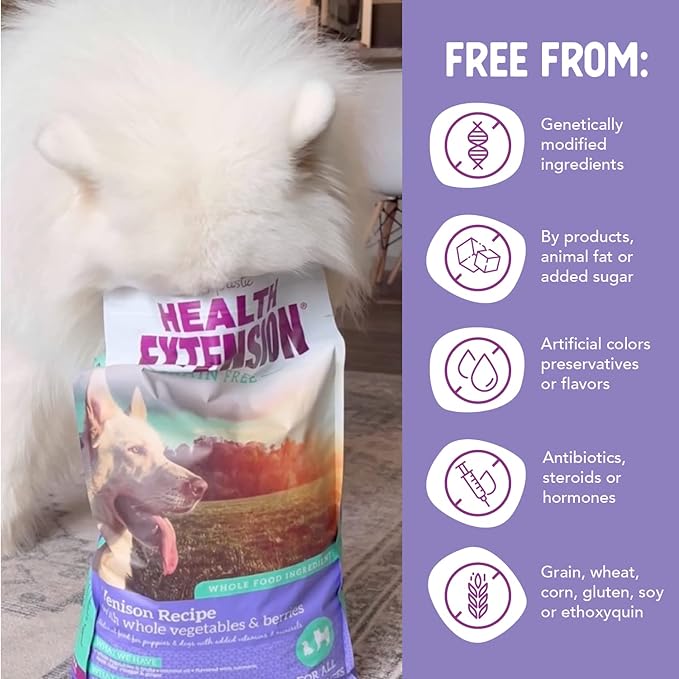 Health Extension Dry Dog Food, Natural Food with added Vitamins & Minerals, Suitable for All Puppies, Grain Free, Venison & Sweet Potato Recipe with Whole Vegetable & Berries (23.5 Pound)
