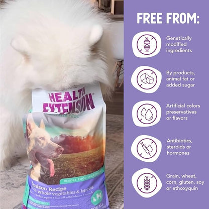Health Extension Dry Dog Food, Natural Food with added Vitamins & Minerals, Suitable for All Puppies, Grain Free, Venison & Sweet Potato Recipe with Whole Vegetable & Berries (23.5 Pound)