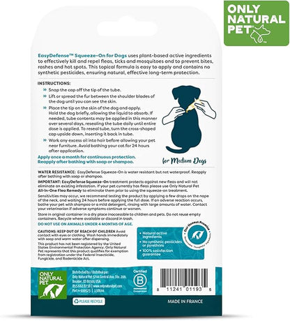 Only Natural Pet Flea and Tick Prevention for Medium Breed Dogs (15 to 40 lbs) - EasyDefense Flea & Tick Herbal Squeeze-On Drops - Natural Flea Control - Pet Flea Treatment - Three Month Supply