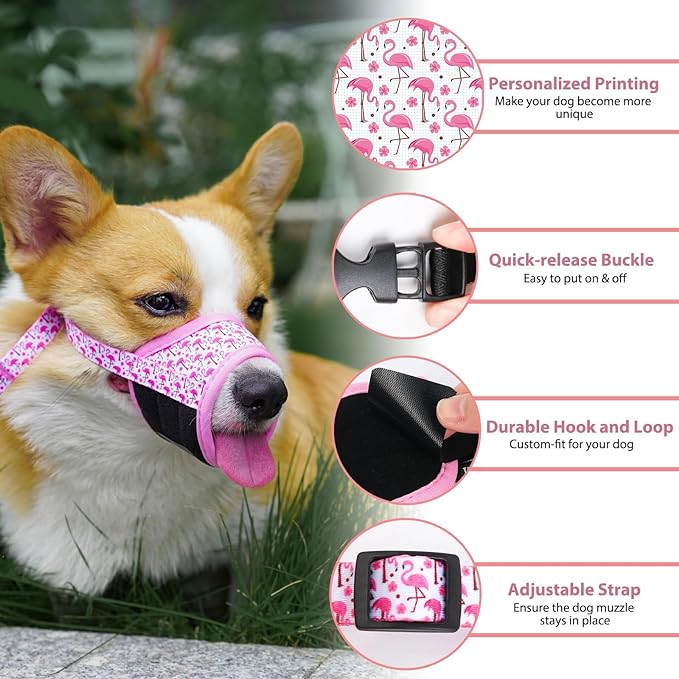 LUCKYPAW Dog Muzzle, Soft Dog Muzzles for Small Medium Large Dogs, Breathable Muzzles to Stop Biting and Chewing with Pattern, Allows Panting and Drinking(Pink Flamingo,S)