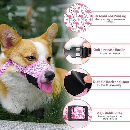 LUCKYPAW Dog Muzzle, Soft Dog Muzzles for Small Medium Large Dogs, Breathable Muzzles to Stop Biting and Chewing with Pattern, Allows Panting and Drinking(Pink Flamingo,S)