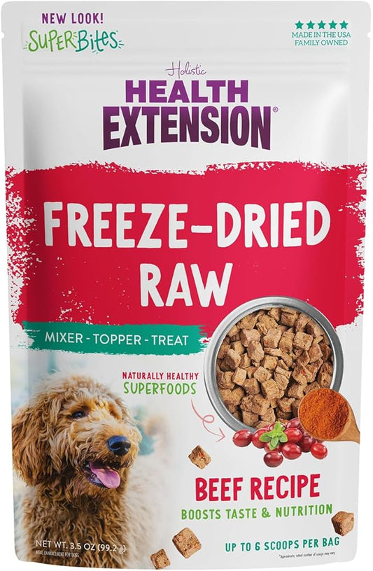 Health Extension Super Bites, Freeze-dried Raw, Gluten & Grain-free, with Extra Protein & Super Tasty Healthy Meal Mixer for Dogs, Beef Recipe (18 Oz / 226 g)