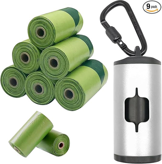 Metal Dog Poop Bags Holder Aluminum Poo Bags Dispenser with Pet Waste Bags 3 Leash Clasp and Elastic Rope for Used Bags(1 Holder 135 Bags,Silver)