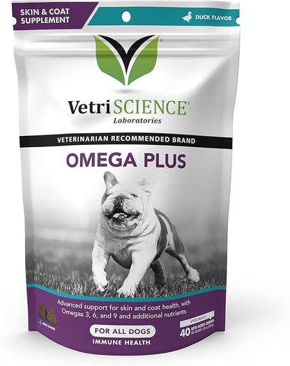 VetriScience Omega Plus Advanced Skin Supplement for Dogs – Fish Oil Supplement for Itchy Skin with Omegas 3, 6, 9 Fatty Acids and Added Nutrients