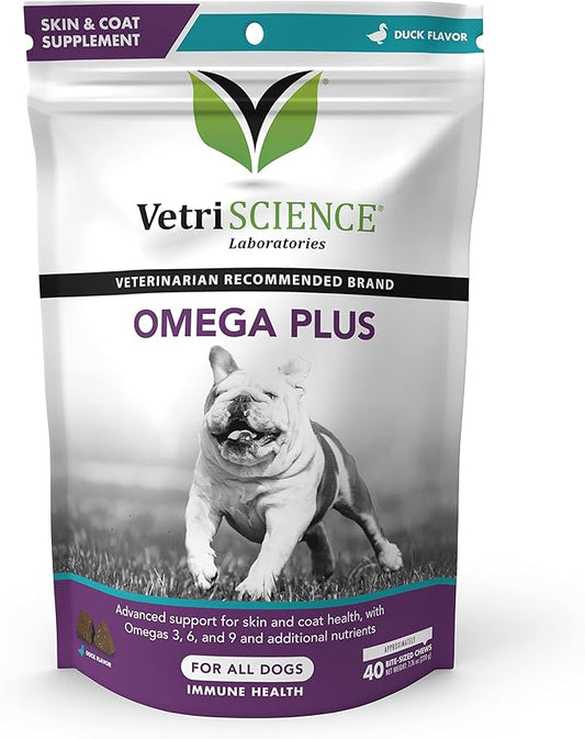 VetriScience Omega Plus Advanced Skin Supplement for Dogs – Fish Oil Supplement for Itchy Skin with Omegas 3, 6, 9 Fatty Acids and Added Nutrients