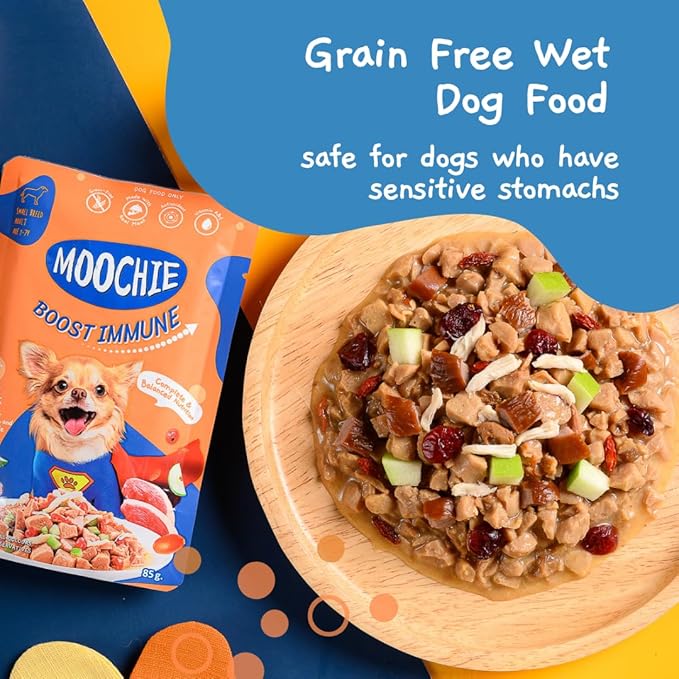 MOOCHIE Grain Free Wet Dog Food for Small Breed - Boost Immune - Duck with Cranberry, Goji Berry and Green Apple - No Added Preservatives or Artificial Flavoring - 3 oz x 12 Pouches