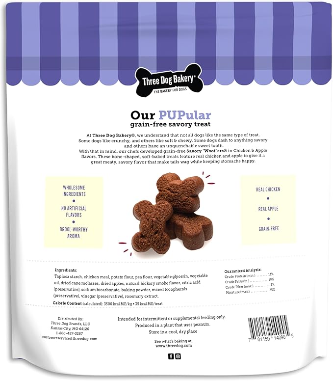 Three Dog Bakery Soft Baked Grain Free Meaty Woofers, Chicken and Apple Flavor, Premium Treats for Dogs, Brown, 25 oz.