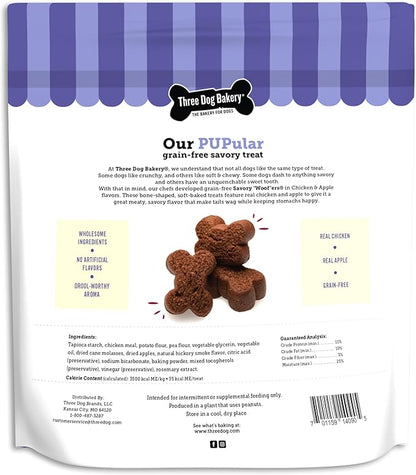 Three Dog Bakery Soft Baked Grain Free Meaty Woofers, Chicken and Apple Flavor, Premium Treats for Dogs, Brown, 25 oz.