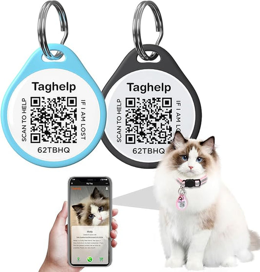 2 Pack - QR Code Pet ID Dog cat Tags for Collar Personalized for Pet Online Profile - Scan QR Receive Instant Pet Location Alert Email, Anti-Lost,No Subscription fees (Blue&Black, for cat - 1")